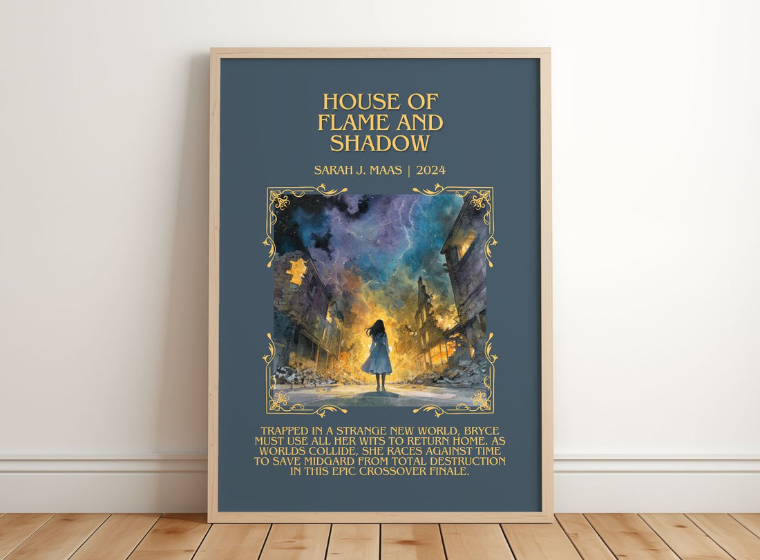 House Of Flame And Shadow Minimalist Book Poster by Sarah J. Maas – framed print leaning on a wooden floor