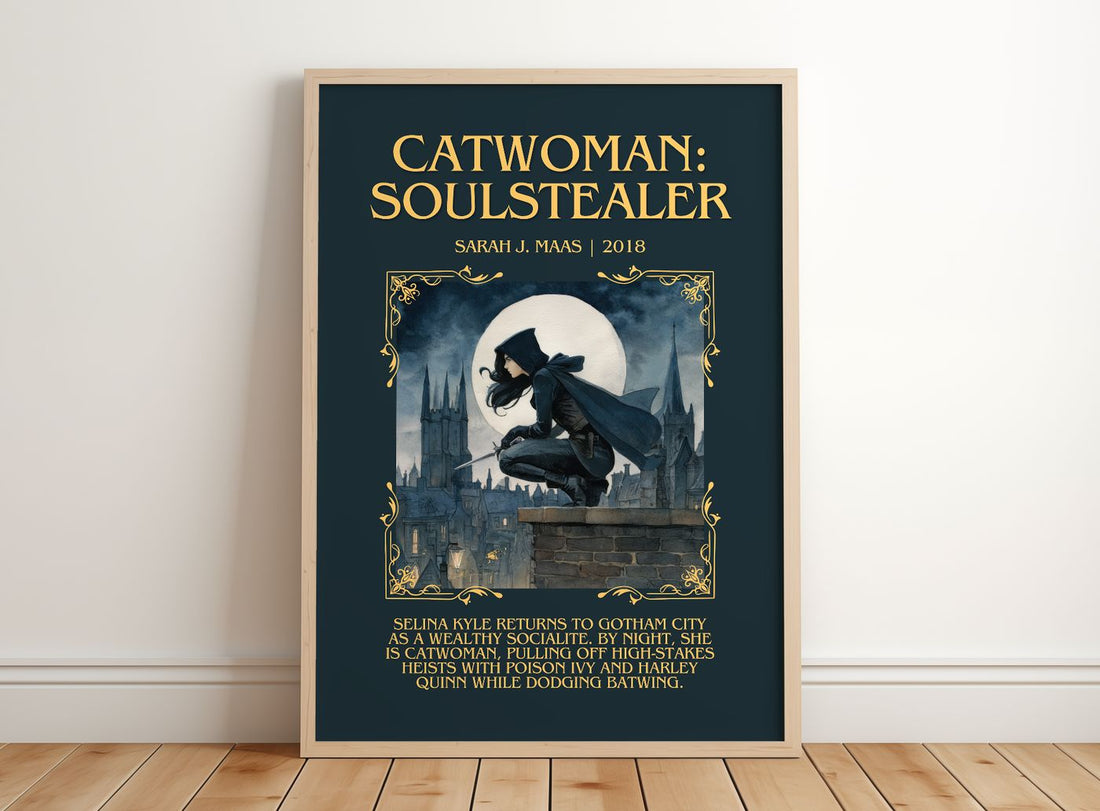 Catwoman: Soulstealer Minimalist Book Poster by Sarah J. Maas – framed print leaning on a wooden floor