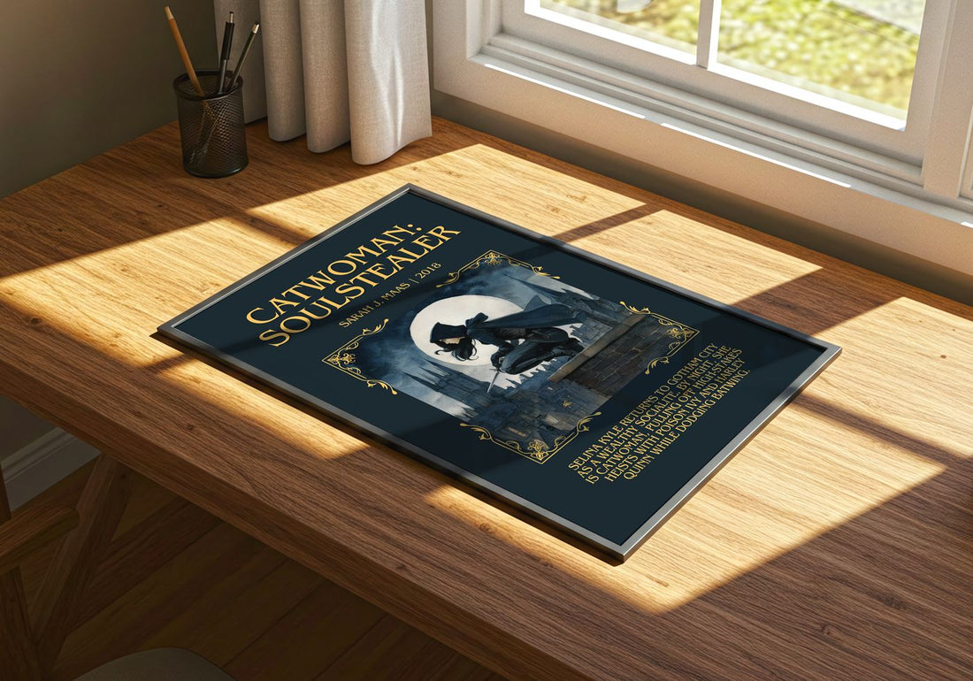 Catwoman: Soulstealer Minimalist Book Poster by Sarah J. Maas – print on a sunlit desk