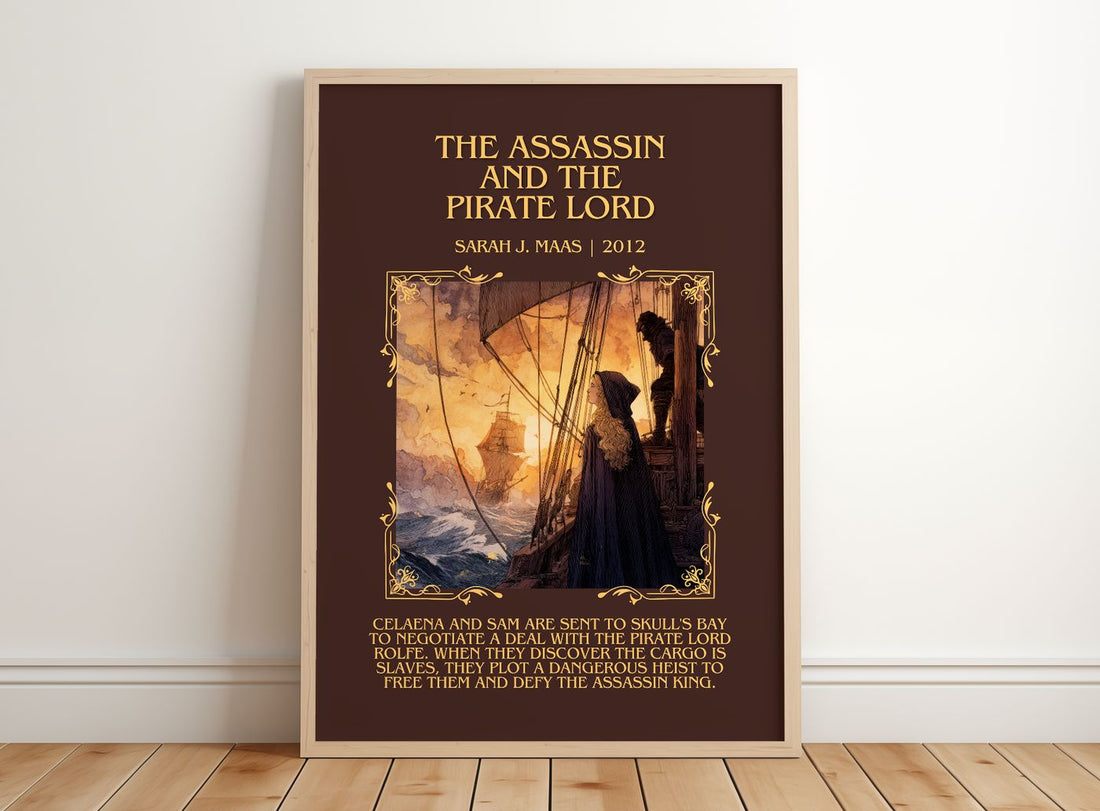 Assassin And The Pirate Lord Minimalist Book Poster by Sarah J. Maas – framed print leaning on a wooden floor