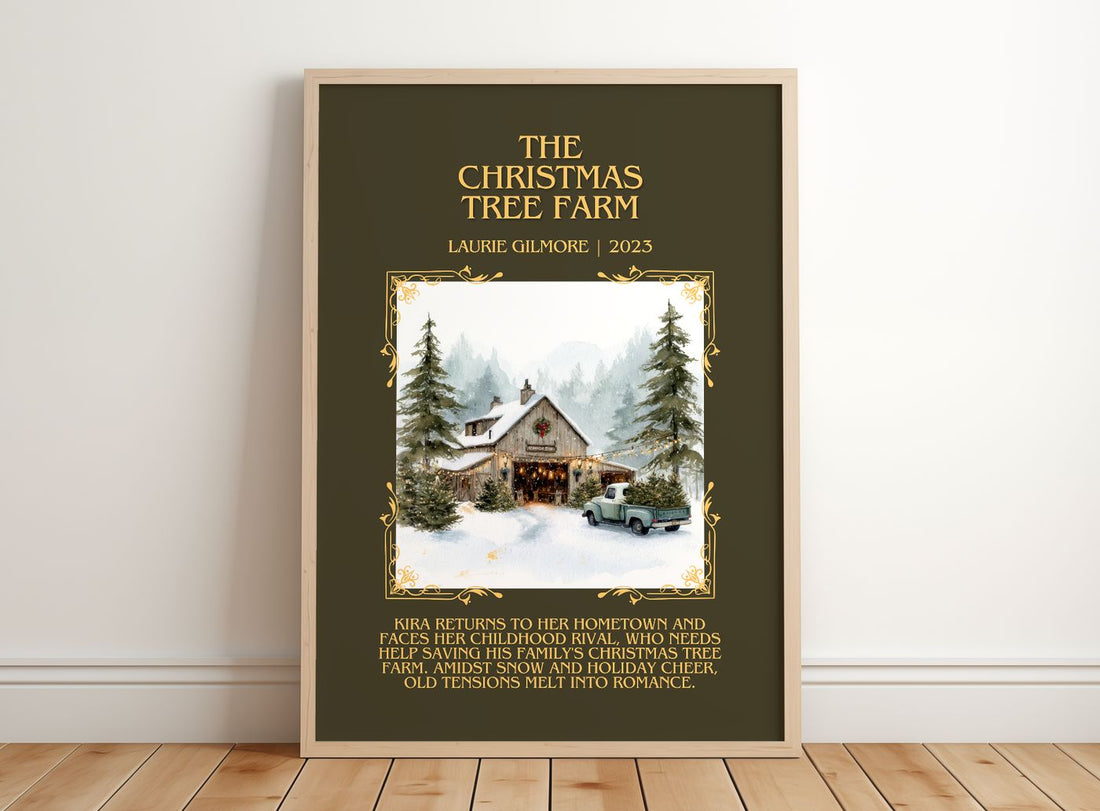 The Christmas Tree Farm Minimalist Book Poster by Laurie Gilmore – framed print leaning on a wooden floor