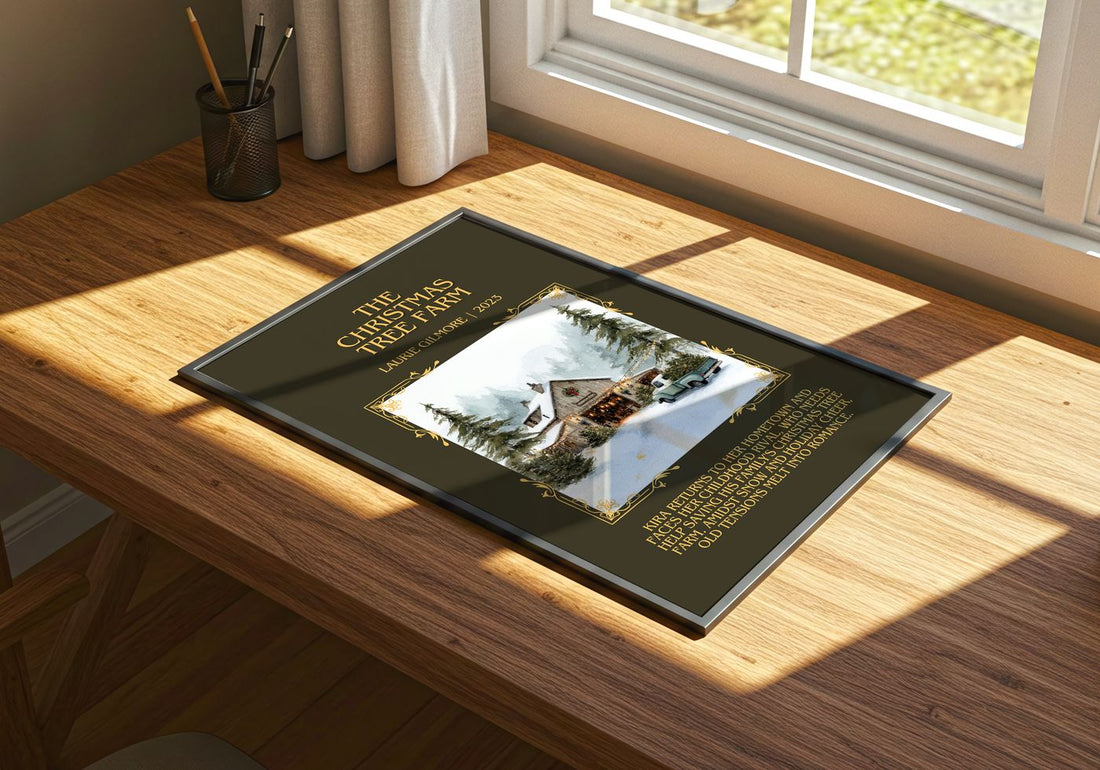 The Christmas Tree Farm Minimalist Book Poster by Laurie Gilmore – print on a sunlit desk