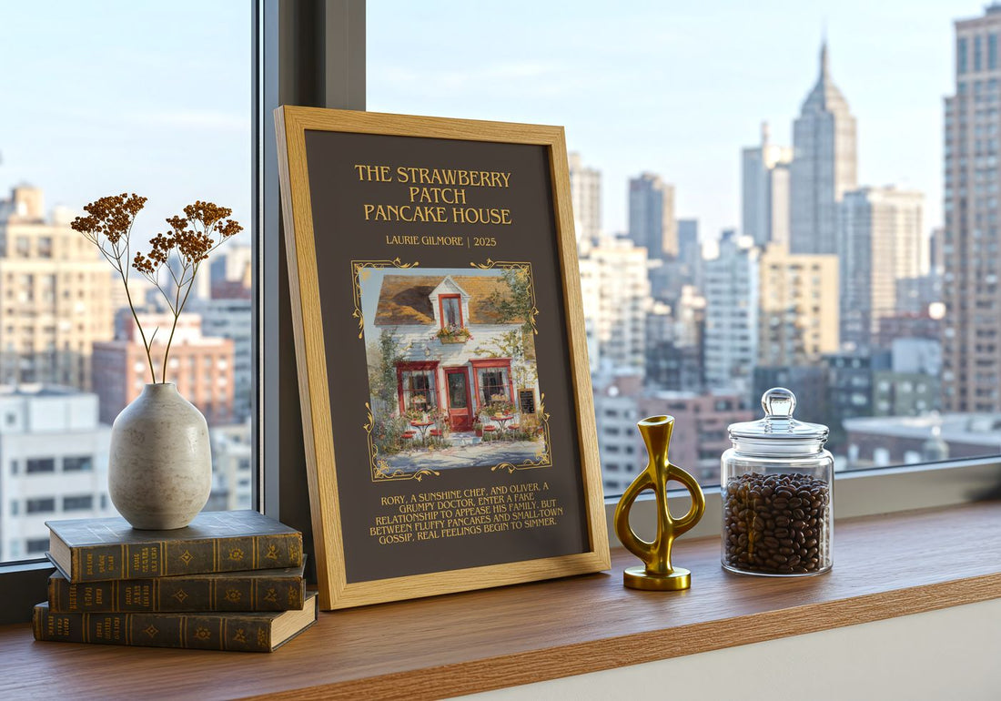 Strawberry Patch Pancake House Minimalist Book Poster by L. Gilmore – framed print on a city-view windowsill