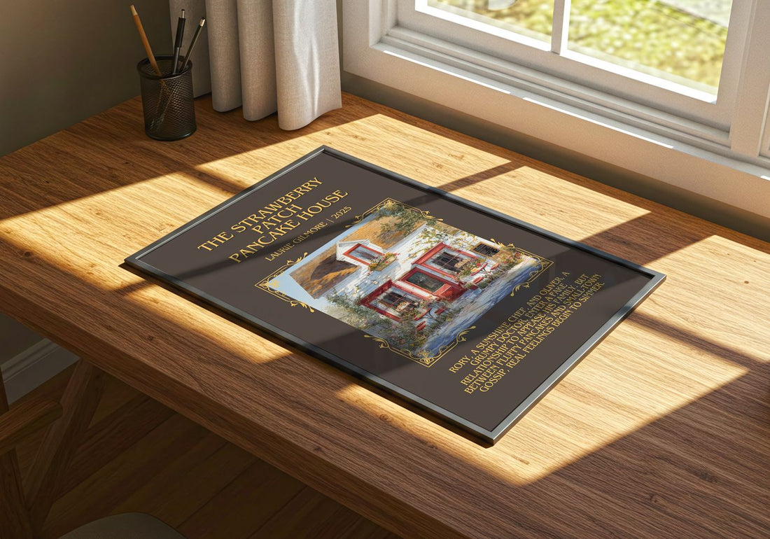 Strawberry Patch Pancake House Minimalist Book Poster by L. Gilmore – print on a sunlit desk
