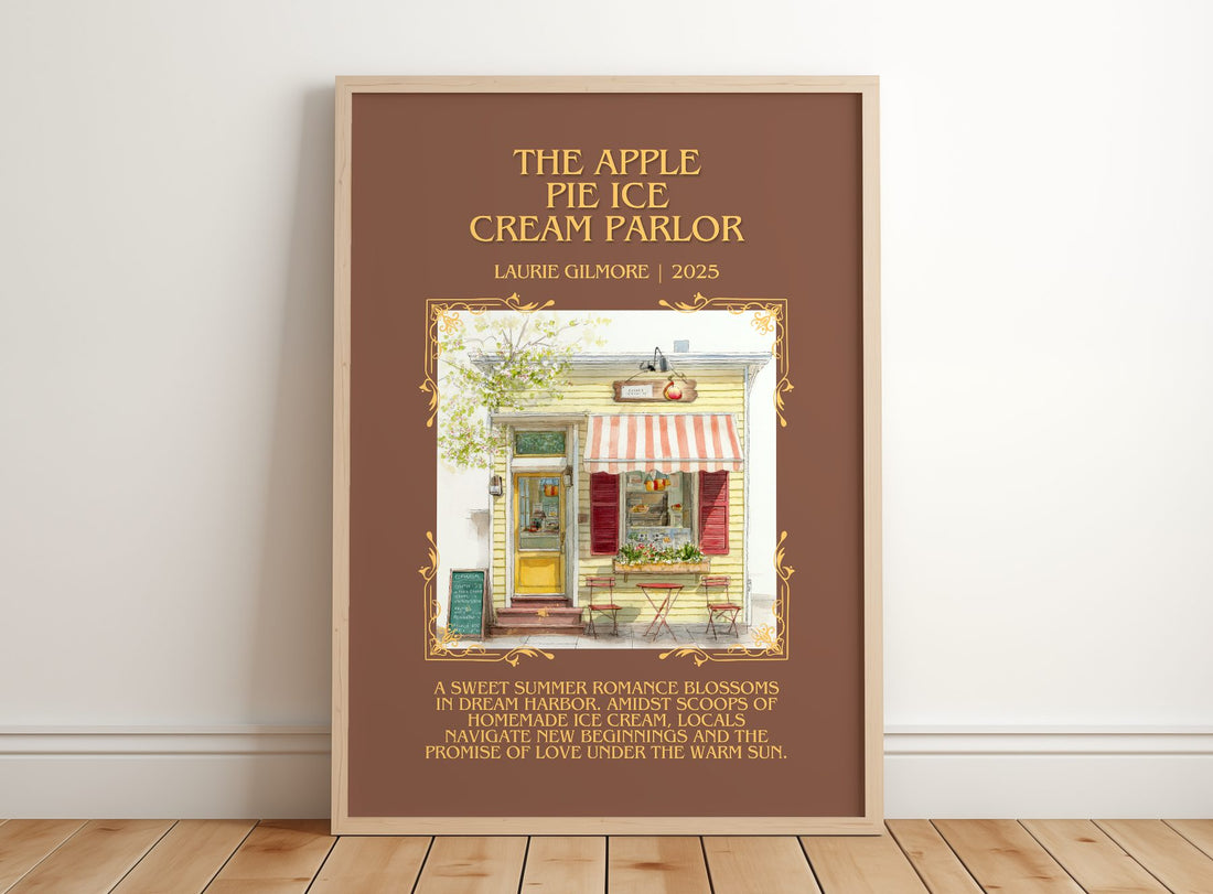 Apple Pie Ice Cream Parlor Minimalist Book Poster by Laurie Gilmore – framed print leaning on a wooden floor