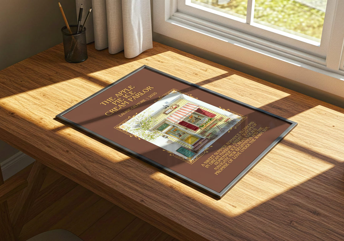 Apple Pie Ice Cream Parlor Minimalist Book Poster by Laurie Gilmore – print on a sunlit desk