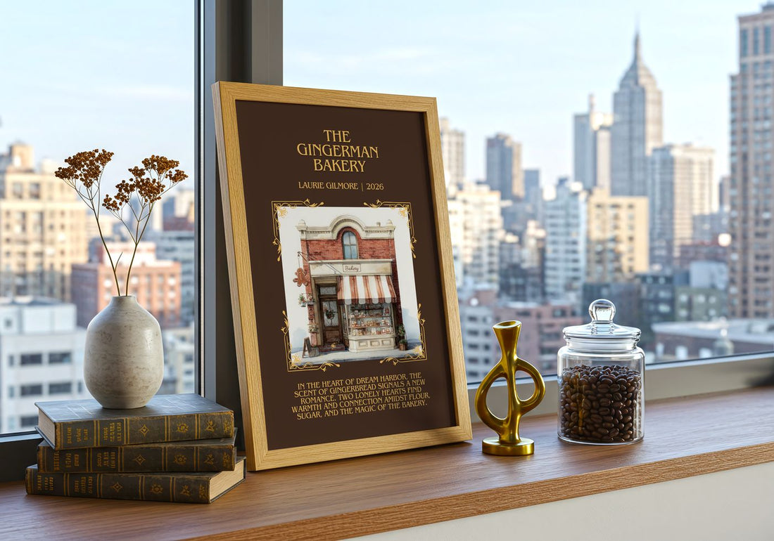 The Gingerman Bakery Minimalist Book Poster by Laurie Gilmore – framed print on a city-view windowsill