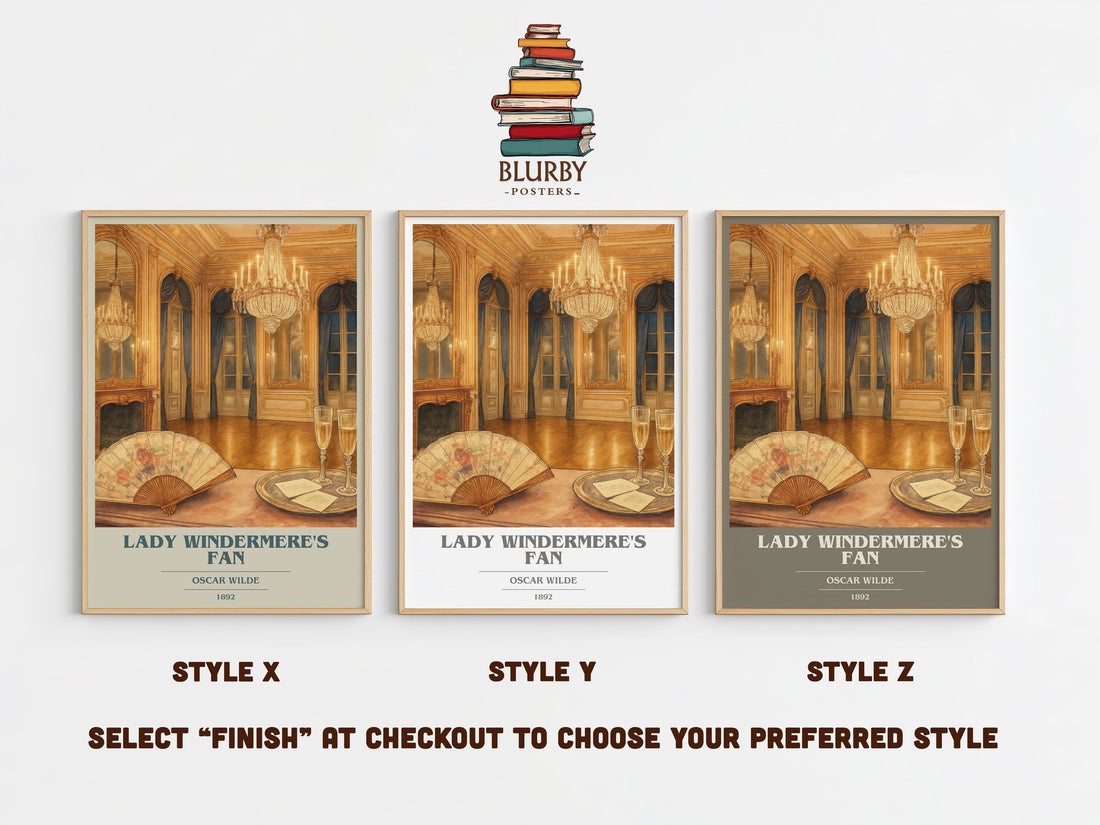 Lady Windermere's Fan book cover print in frame leaning in hallway – classic literature wall art (mockup)