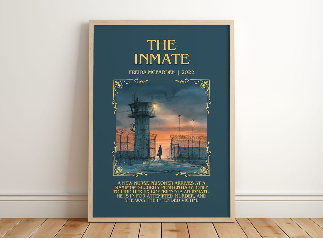 The Inmate Minimalist Book Poster by Freida McFadden – framed print leaning on a wooden floor