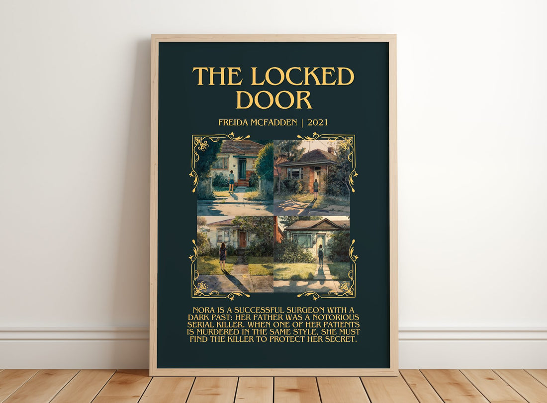 The Locked Door Minimalist Book Poster by Freida McFadden – framed print leaning on a wooden floor