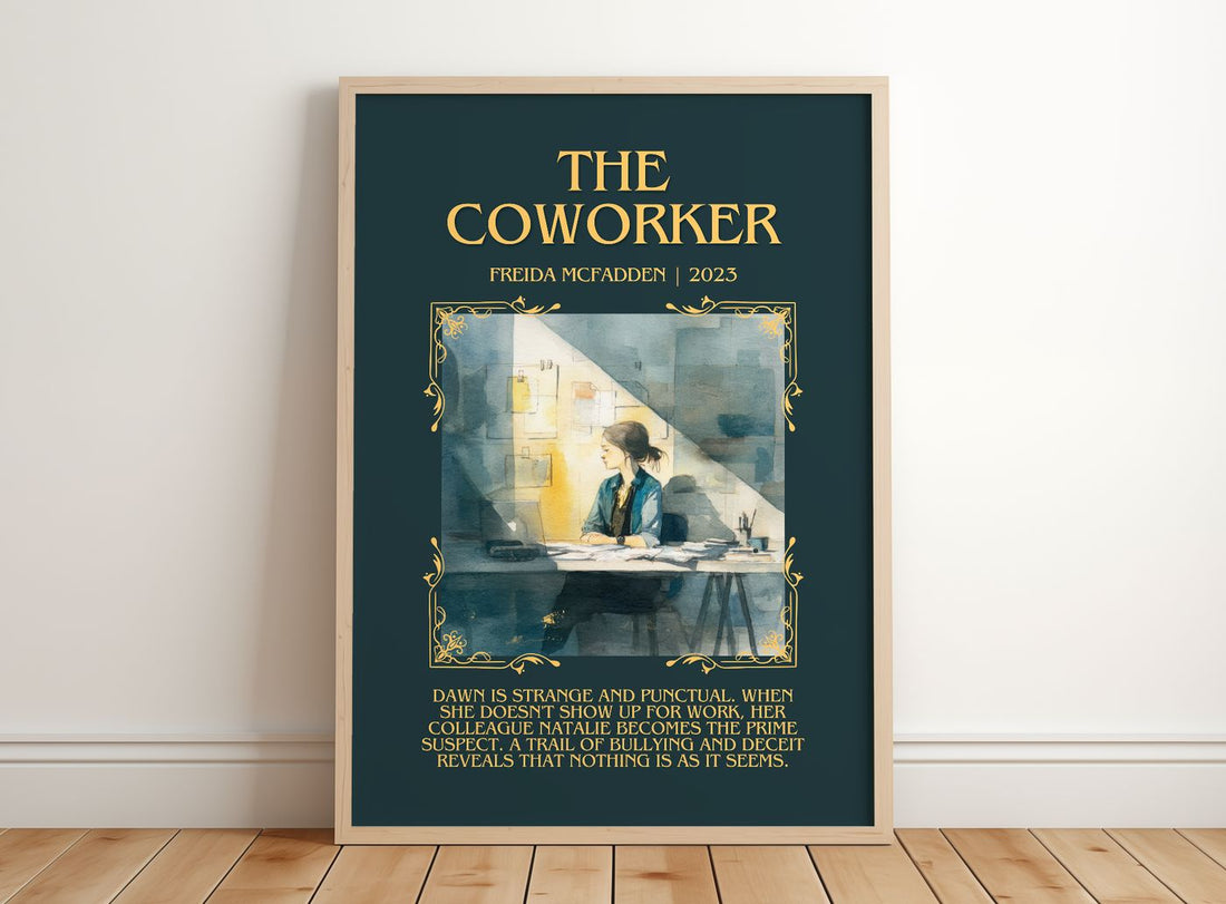 The Coworker Minimalist Book Poster by Freida McFadden – framed print leaning on a wooden floor