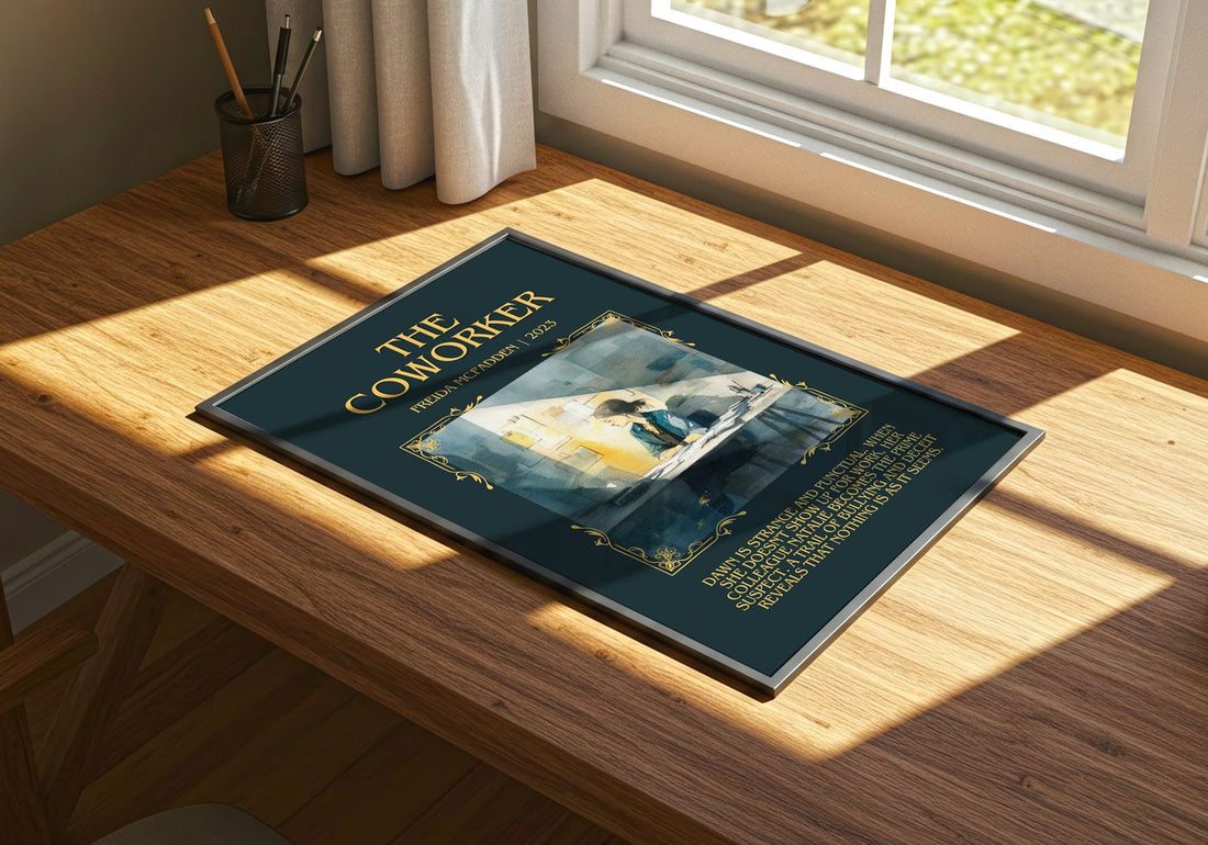 The Coworker Minimalist Book Poster by Freida McFadden – print on a sunlit desk