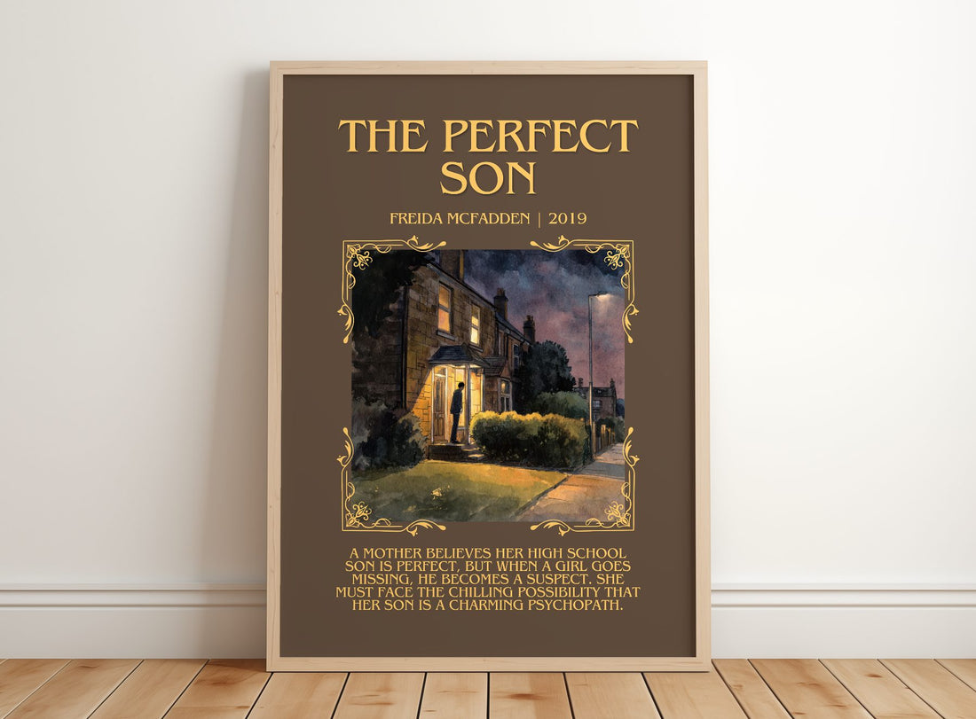 The Perfect Son Minimalist Book Poster by Freida McFadden – framed print leaning on a wooden floor