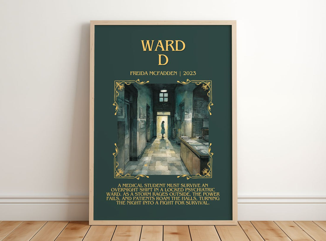 Ward D Minimalist Book Poster by Freida McFadden – framed print leaning on a wooden floor