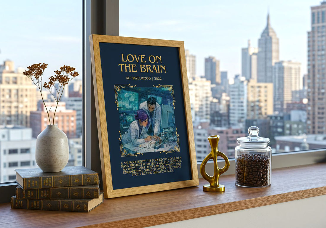 Love On The Brain Minimalist Book Poster by Ali Hazelwood – framed print on a city-view windowsill