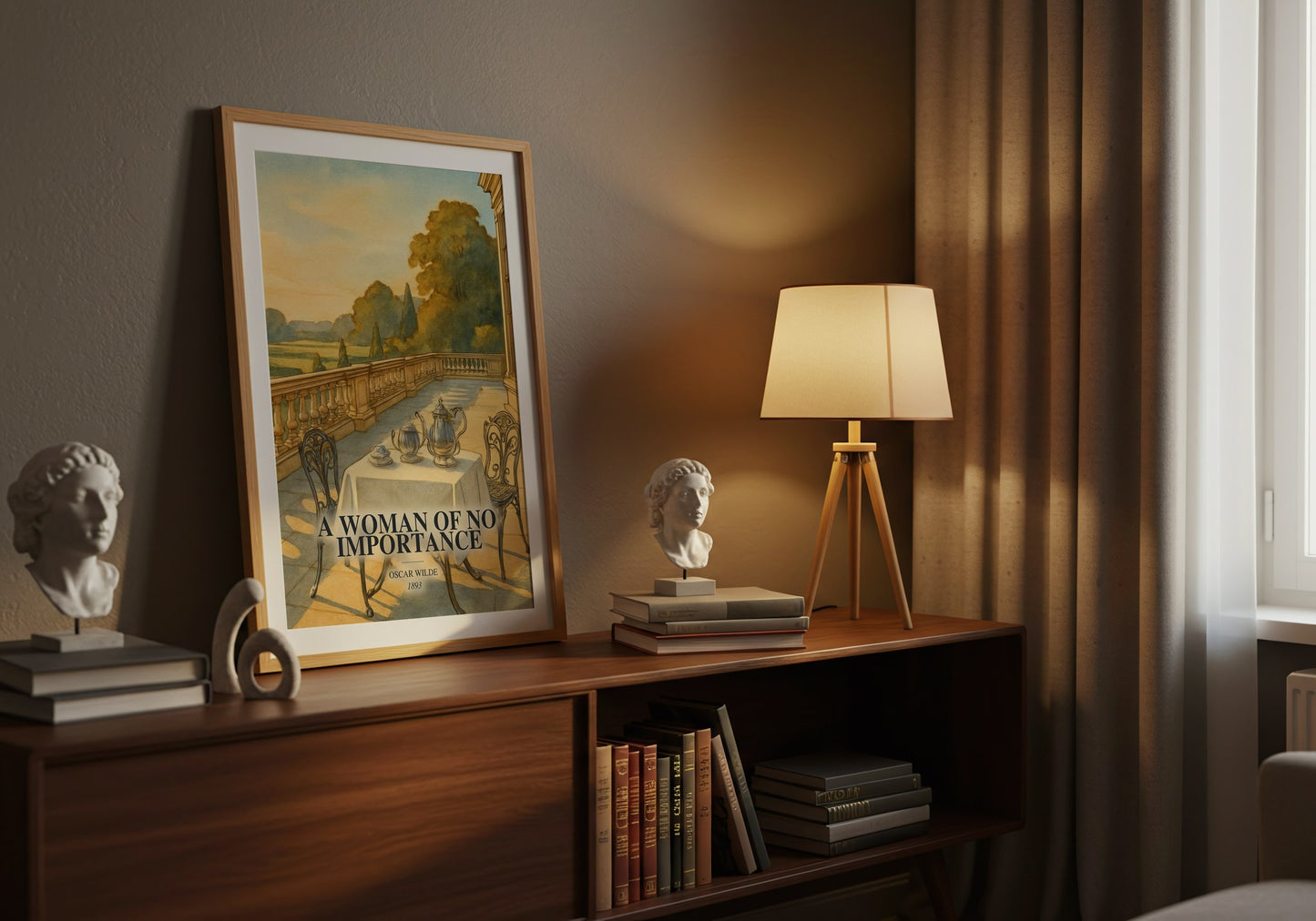 A Woman Of No Importance watercolour print on bookshelf – Oscar Wilde fan gift