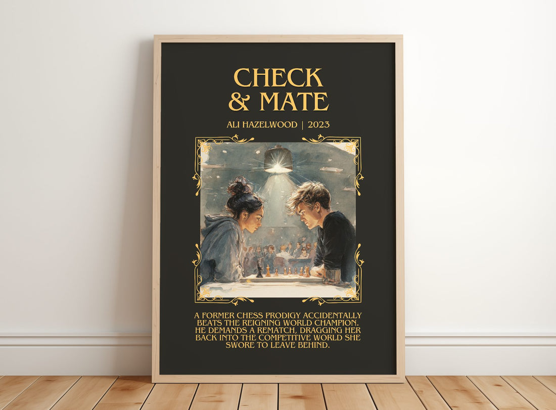 Check & Mate Minimalist Book Poster by Ali Hazelwood – framed print leaning on a wooden floor