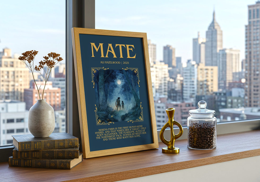 Mate Minimalist Book Poster by Ali Hazelwood – framed print on a city-view windowsill