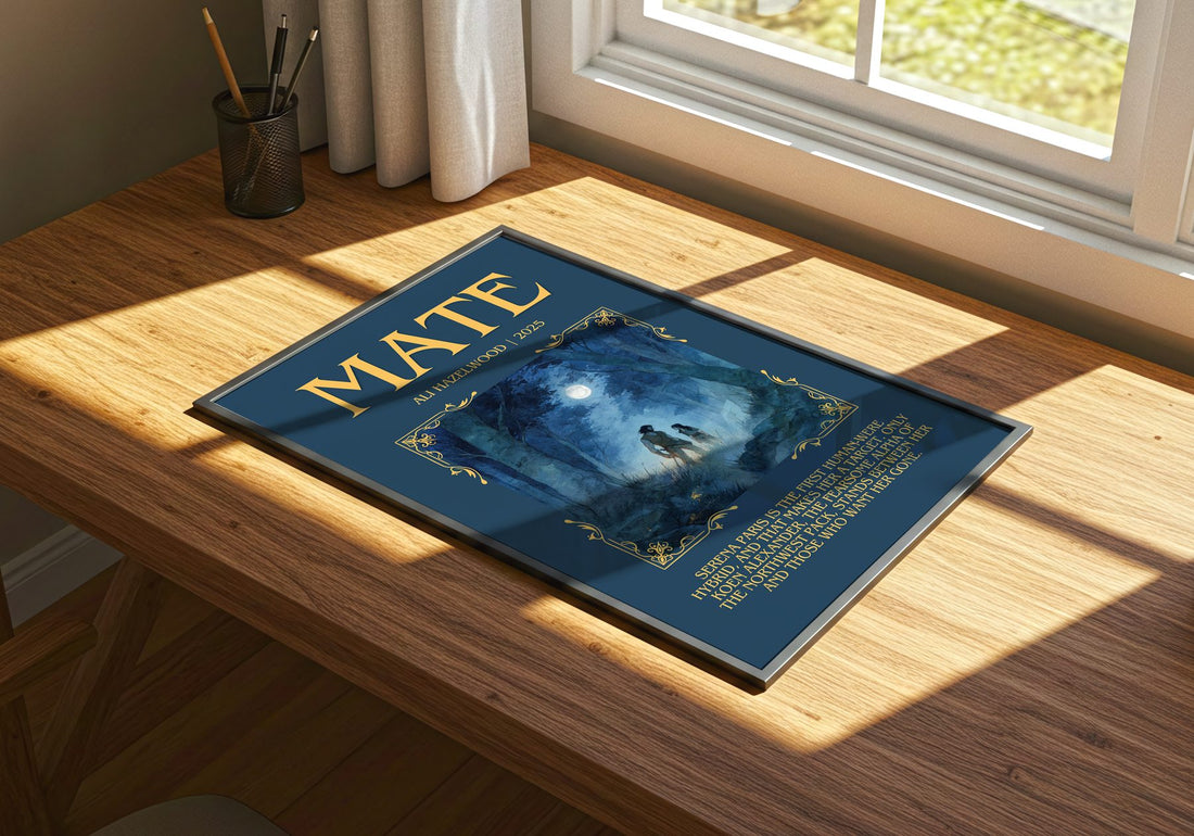 Mate Minimalist Book Poster by Ali Hazelwood – print on a sunlit desk
