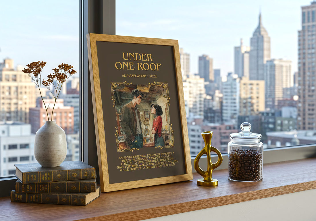 Under One Roof Minimalist Book Poster by Ali Hazelwood – framed print on a city-view windowsill
