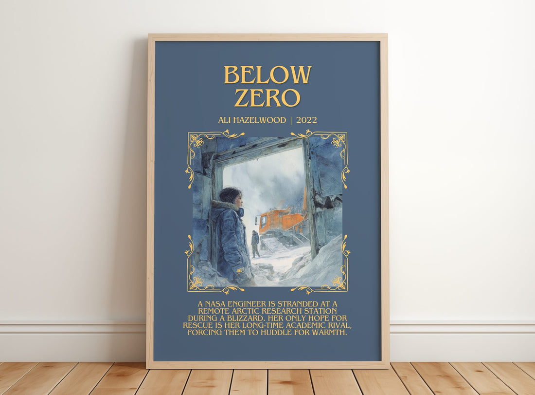 Below Zero Minimalist Book Poster by Ali Hazelwood – framed print leaning on a wooden floor