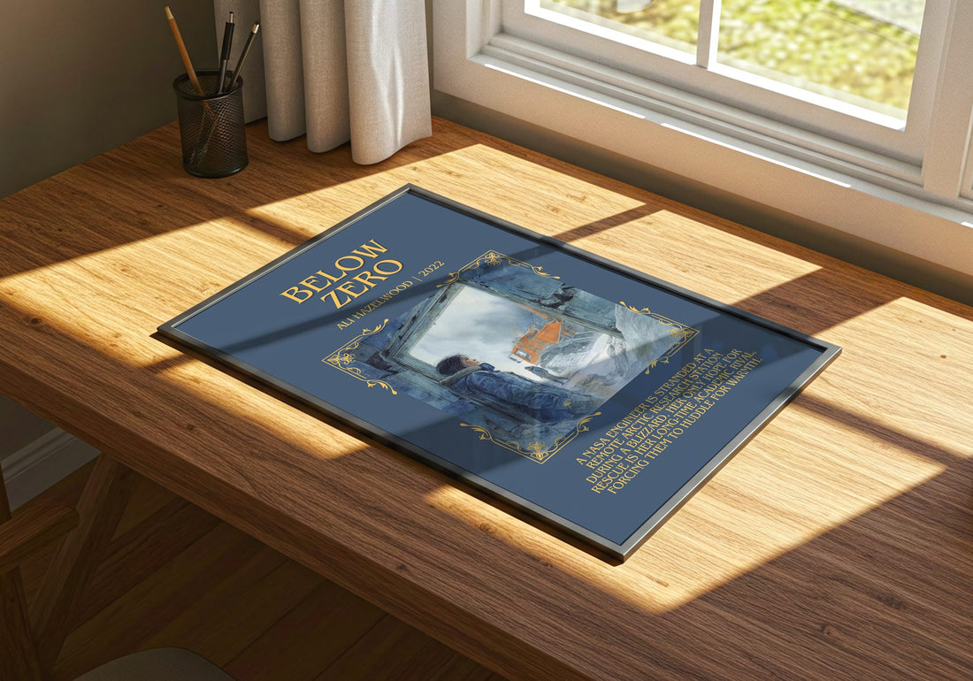 Below Zero Minimalist Book Poster by Ali Hazelwood – print on a sunlit desk