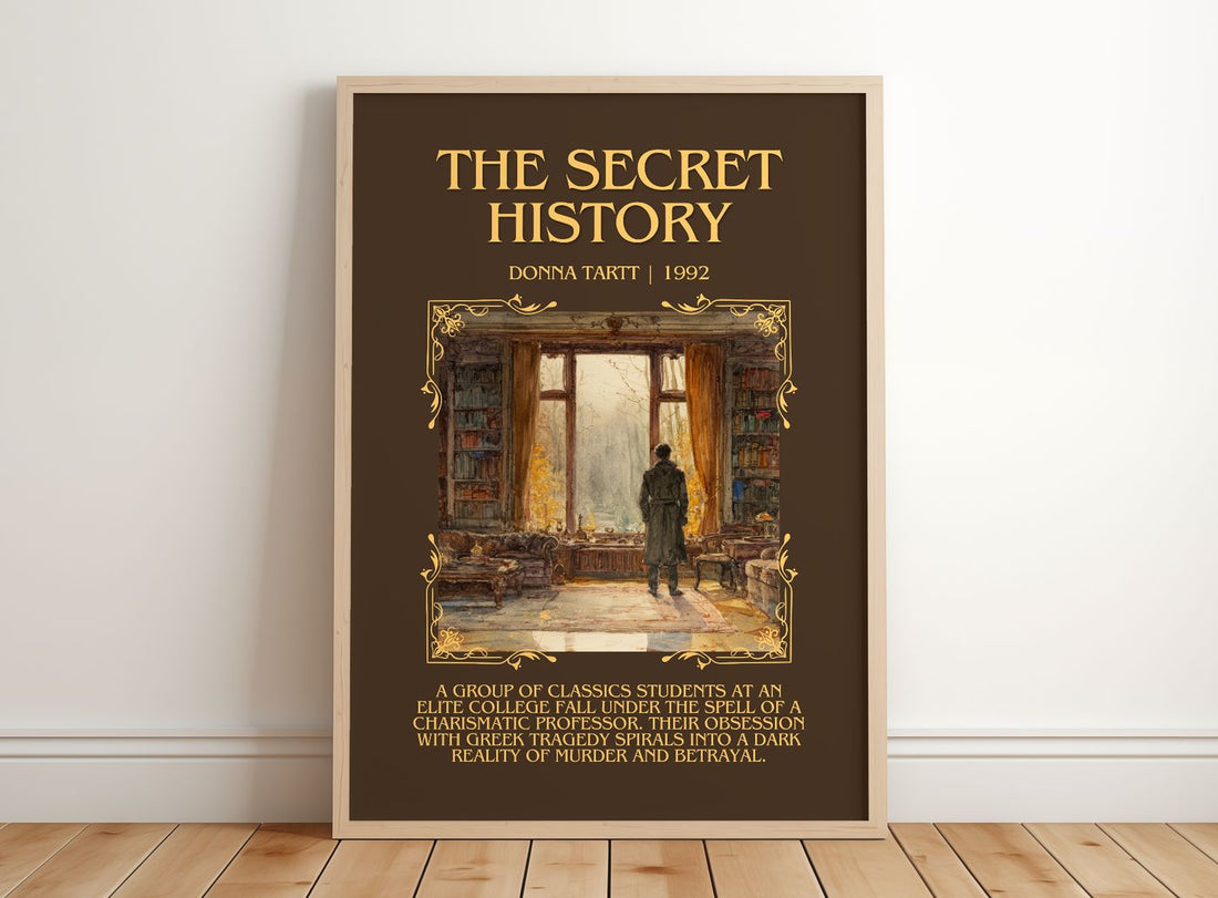 The Secret History Minimalist Book Poster by Donna Tartt – framed print leaning on a wooden floor