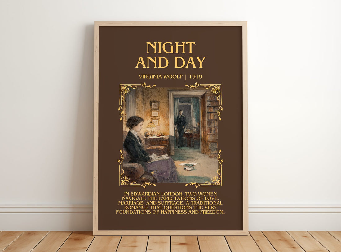 Night And Day Minimalist Book Poster by Virginia Woolf – framed print leaning on a wooden floor