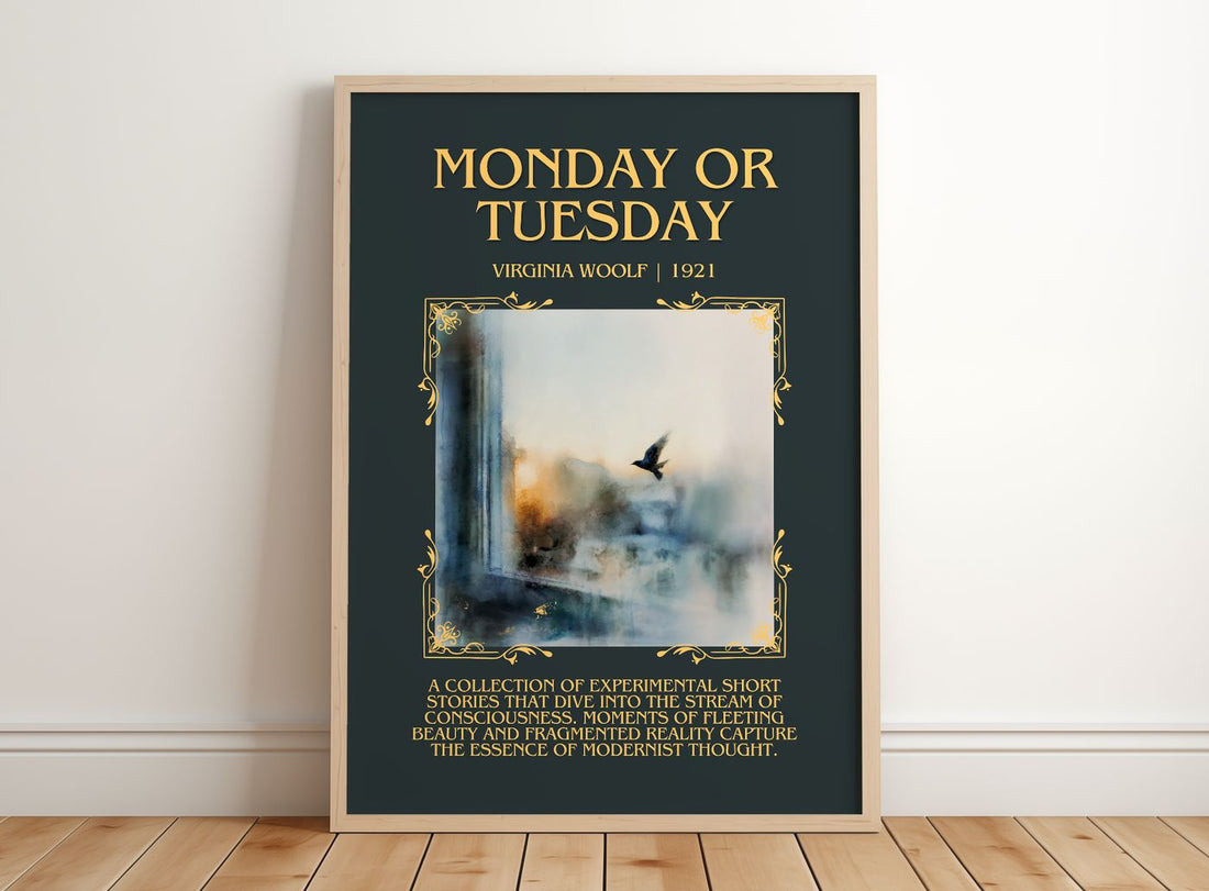 Monday Or Tuesday Minimalist Book Poster by Virginia Woolf – framed print leaning on a wooden floor