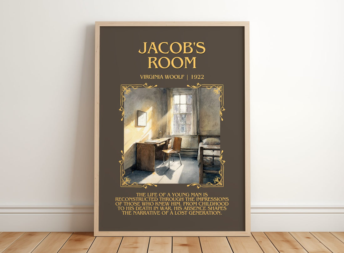 Jacob'S Room Minimalist Book Poster by Virginia Woolf – framed print leaning on a wooden floor