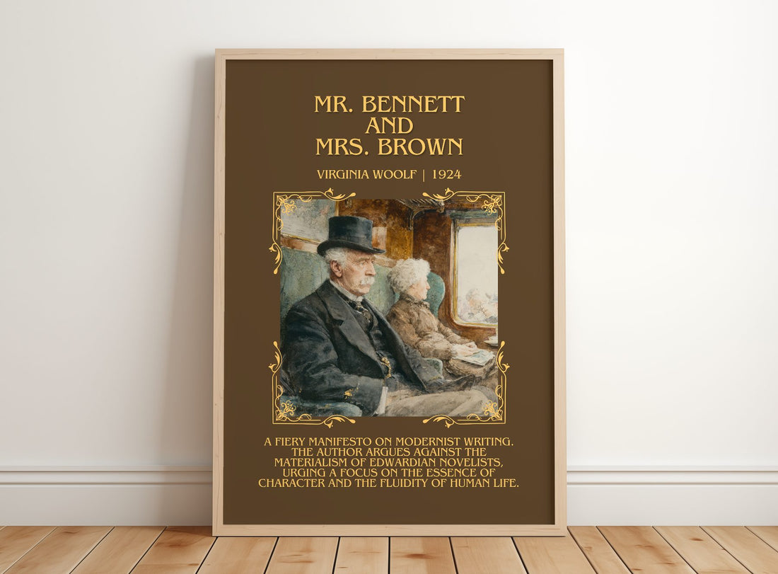 Mr. Bennett And Mrs. Brown Minimalist Book Poster by Virginia Woolf – framed print leaning on a wooden floor