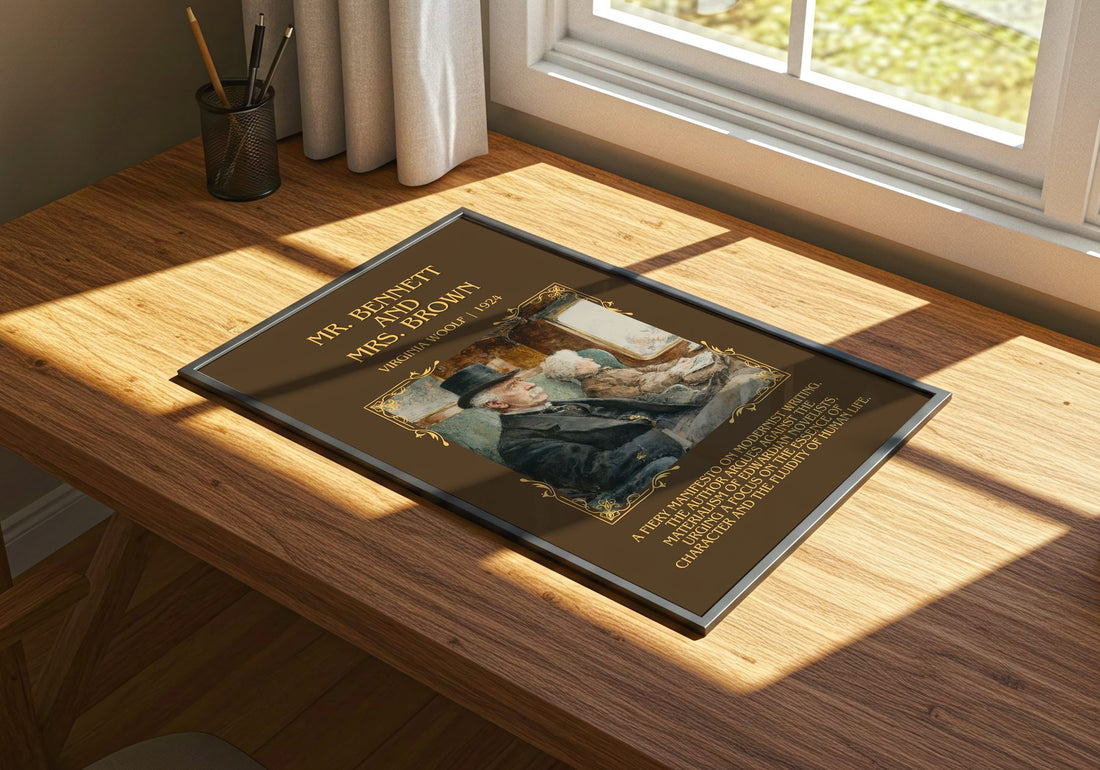Mr. Bennett And Mrs. Brown Minimalist Book Poster by Virginia Woolf – print on a sunlit desk