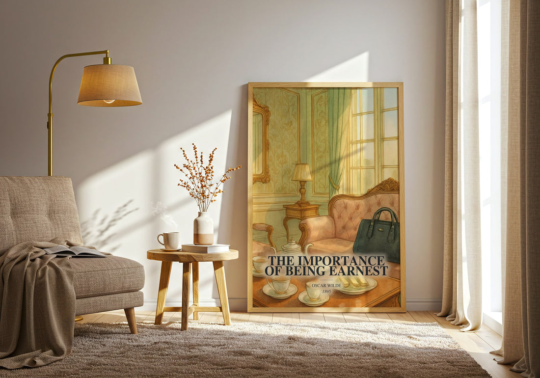 The Importance Of Being Earnest watercolour print in frame leaning in hallway – classic literature wall art (mockup)