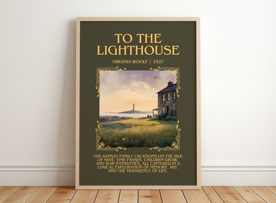 To The Lighthouse Minimalist Book Poster by Virginia Woolf – framed print leaning on a wooden floor
