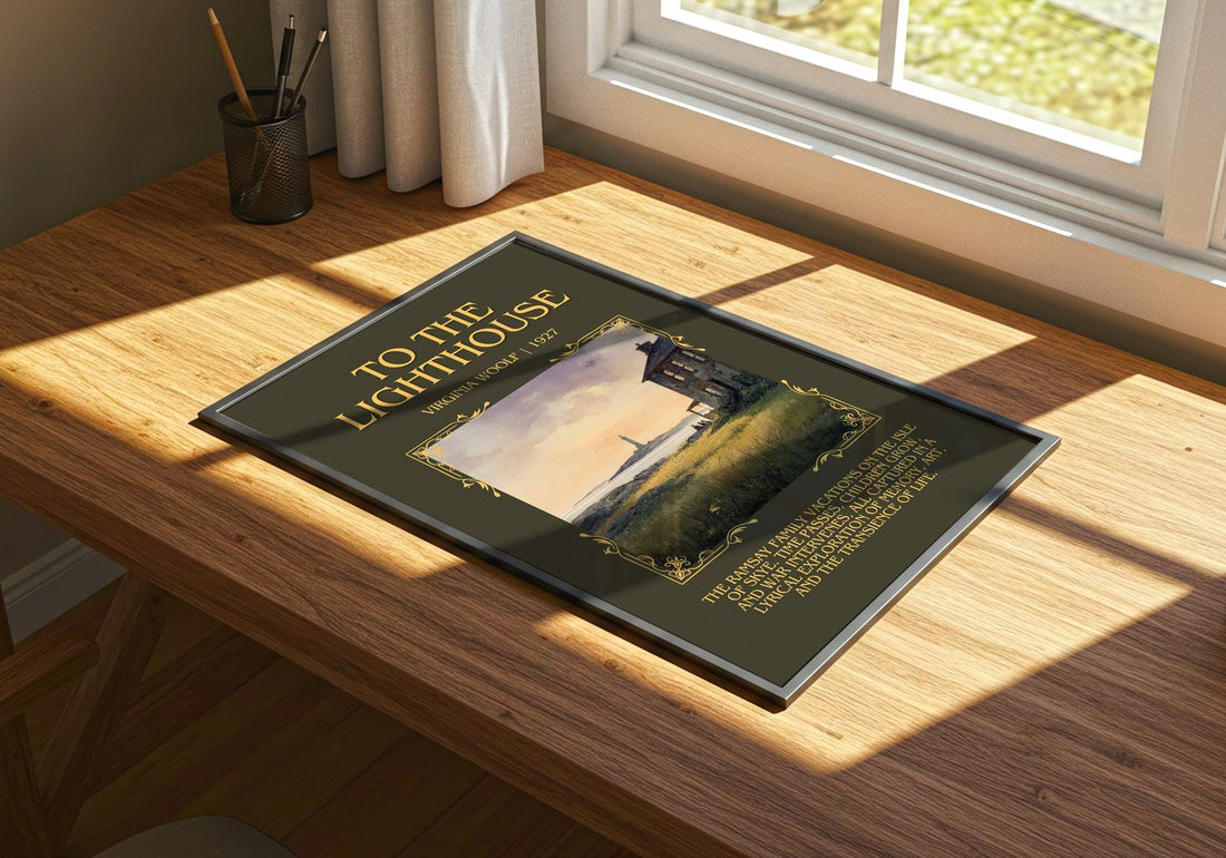 To The Lighthouse Minimalist Book Poster by Virginia Woolf – print on a sunlit desk