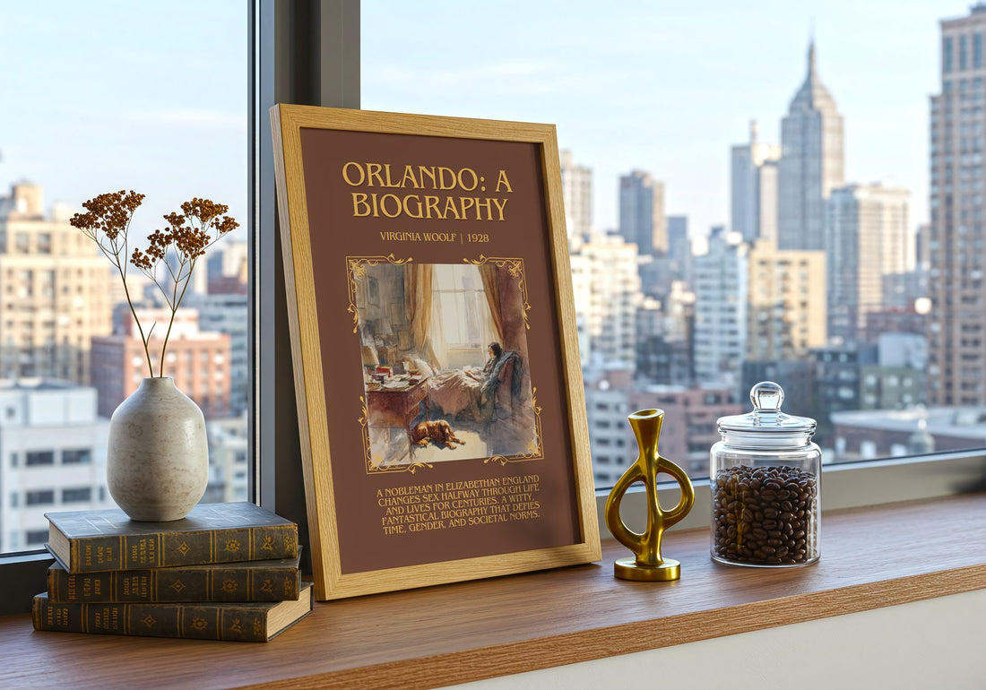 Orlando: A Biography Minimalist Book Poster by Virginia Woolf – framed print on a city-view windowsill