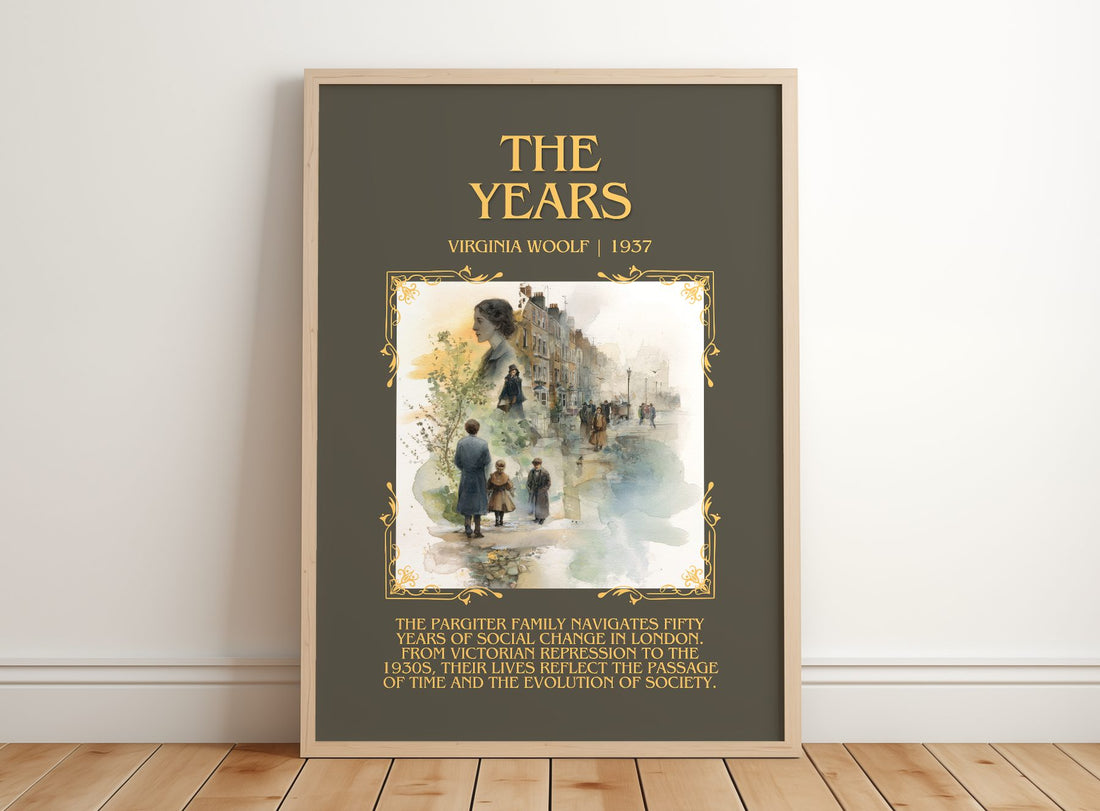 The Years Minimalist Book Poster by Virginia Woolf – framed print leaning on a wooden floor