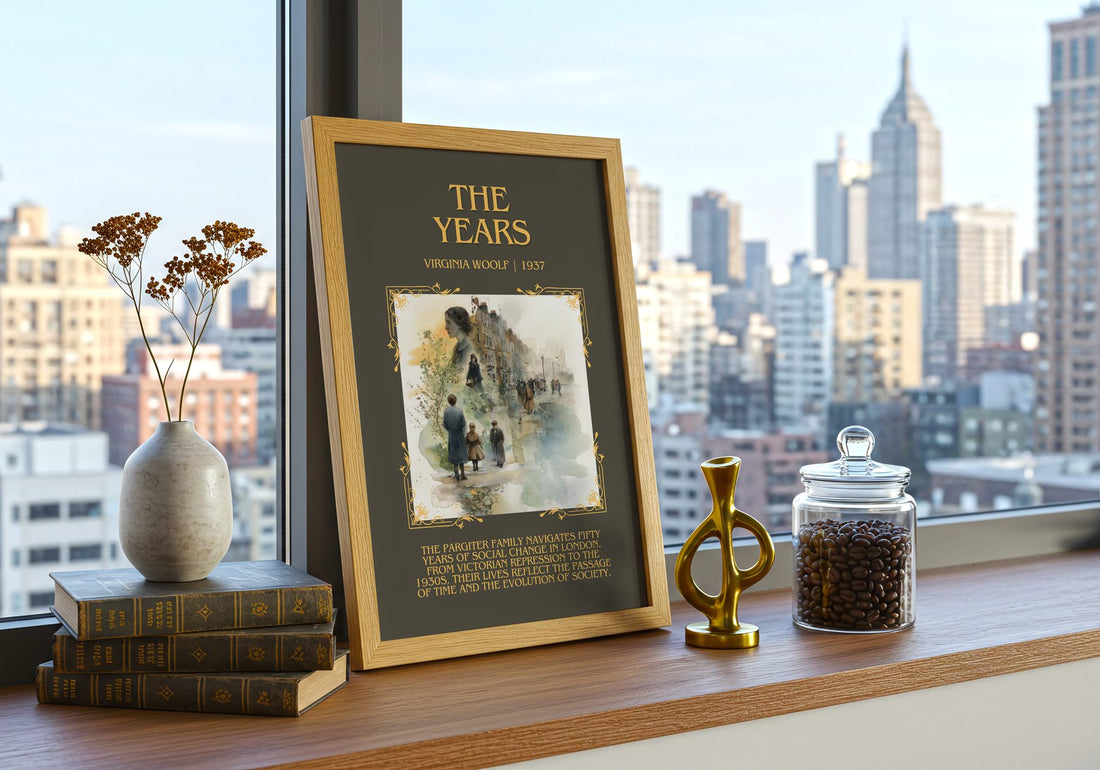 The Years Minimalist Book Poster by Virginia Woolf – framed print on a city-view windowsill