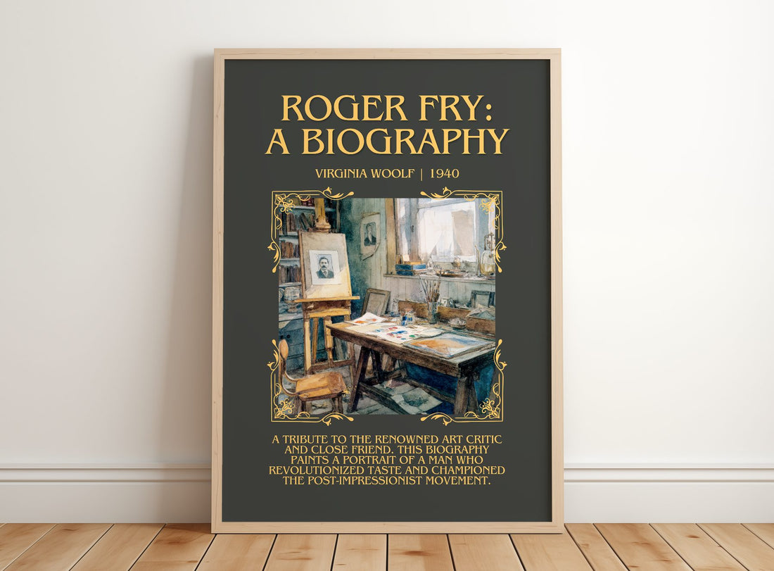 Roger Fry: A Biography Minimalist Book Poster by Virginia Woolf – framed print leaning on a wooden floor
