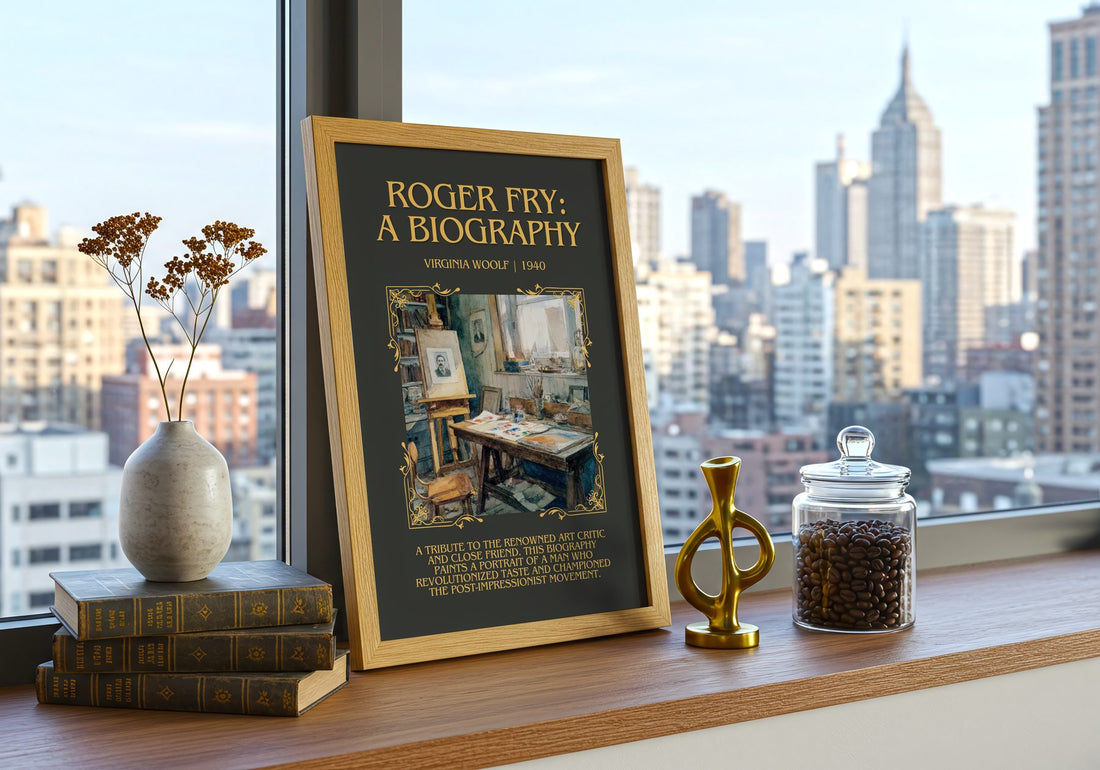 Roger Fry: A Biography Minimalist Book Poster by Virginia Woolf – framed print on a city-view windowsill