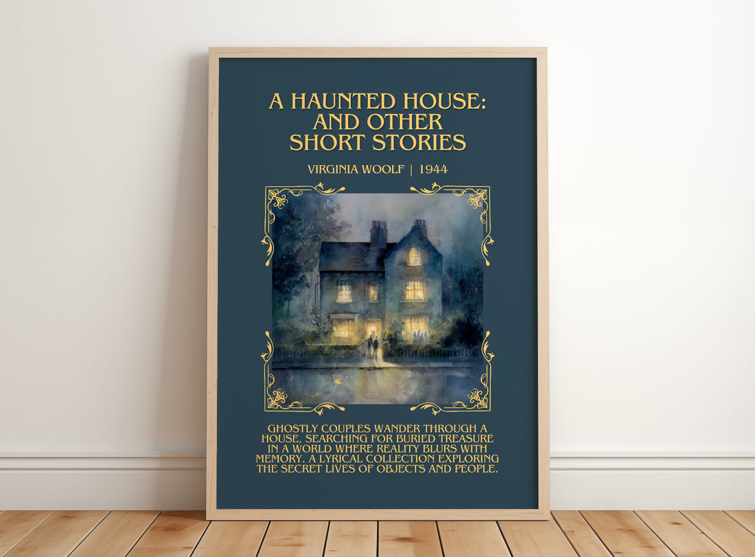 Haunted House: And Other Short Stories Minimalist Book Poster – framed print leaning on a wooden floor
