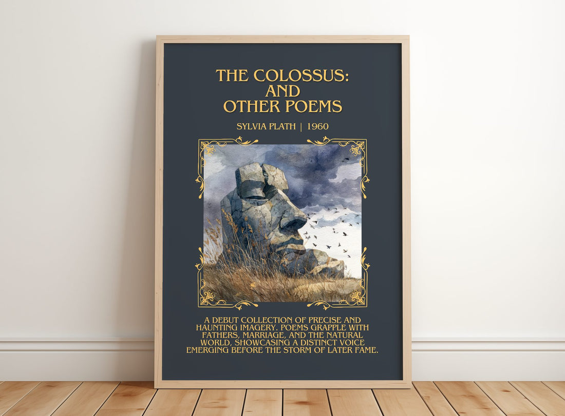 The Colossus: And Other Poems Minimalist Book Poster by Sylvia Plath – framed print leaning on a wooden floor