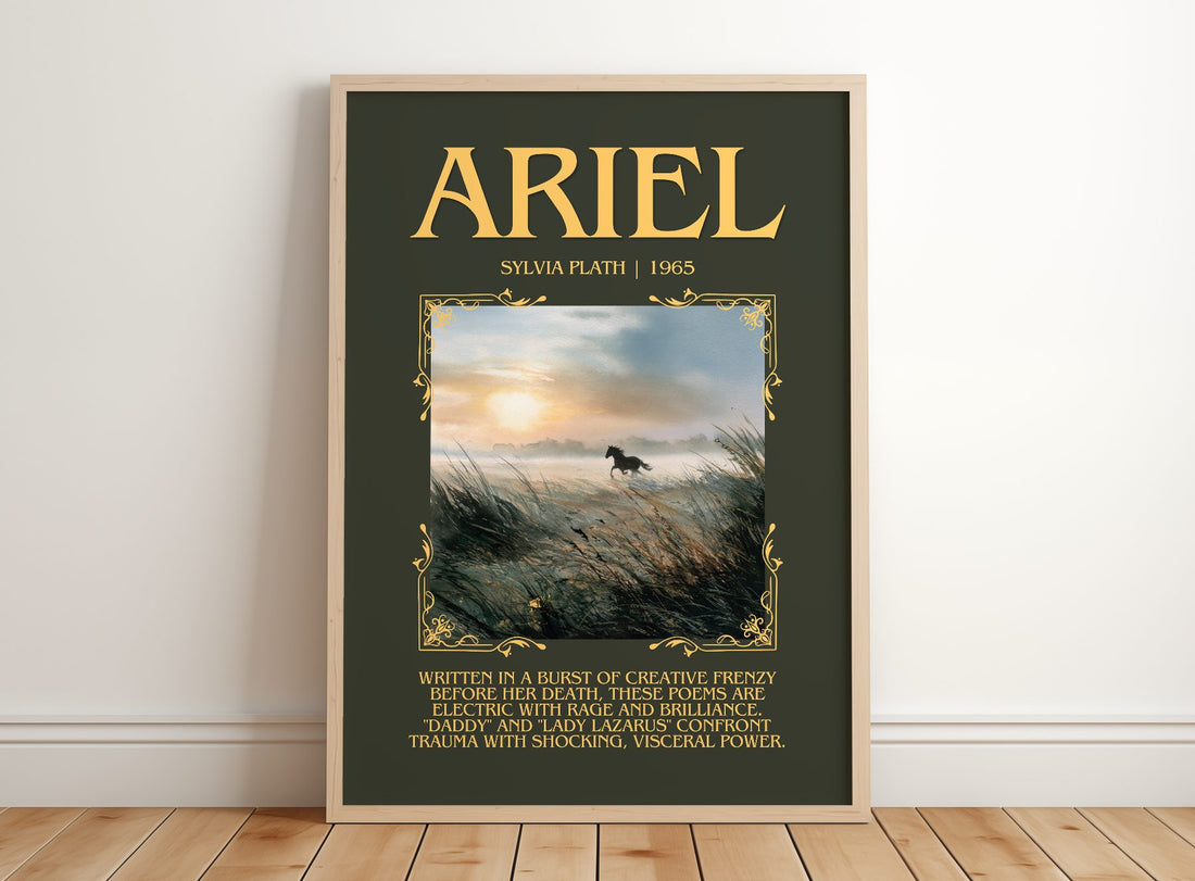Ariel Minimalist Book Poster by Sylvia Plath – framed print leaning on a wooden floor