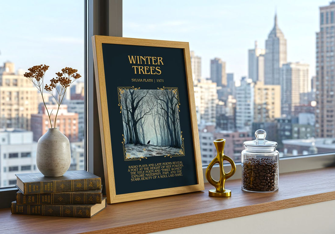 Winter Trees Minimalist Book Poster by Sylvia Plath – framed print on a city-view windowsill