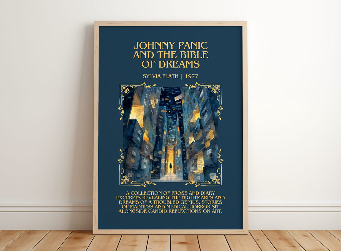 Johnny Panic And The Bible Of Dreams Minimalist Book Poster – framed print leaning on a wooden floor