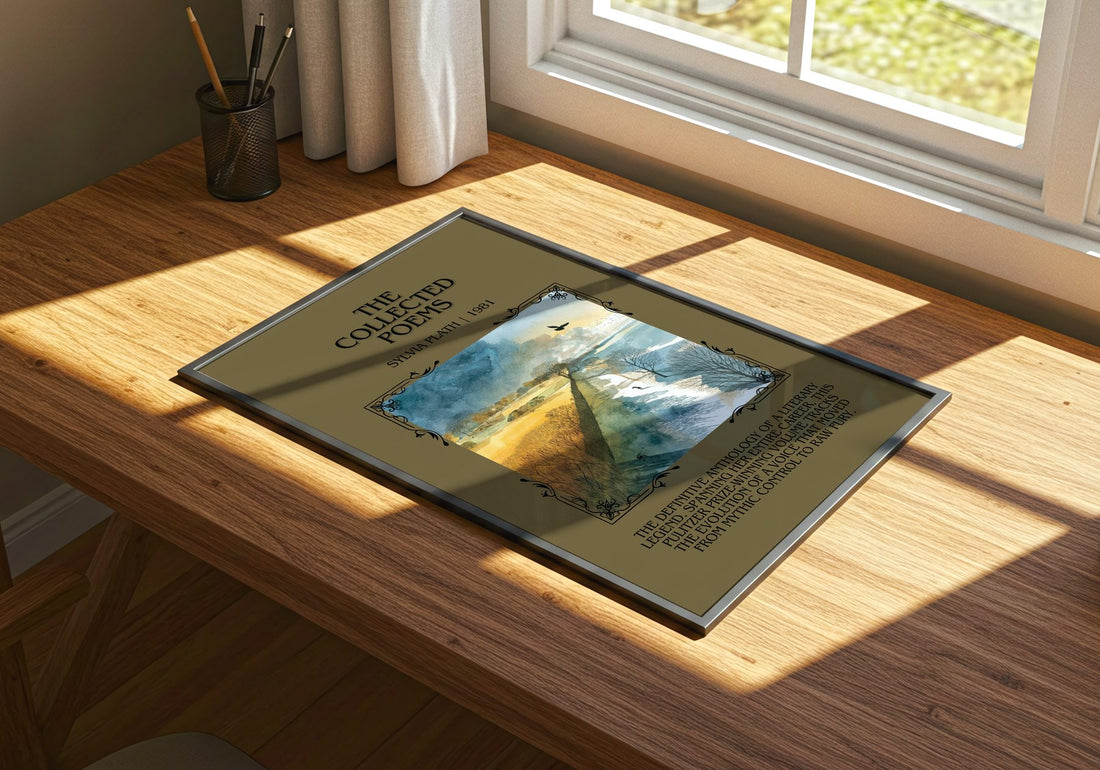 The Collected Poems Minimalist Book Poster by Sylvia Plath – print on a sunlit desk