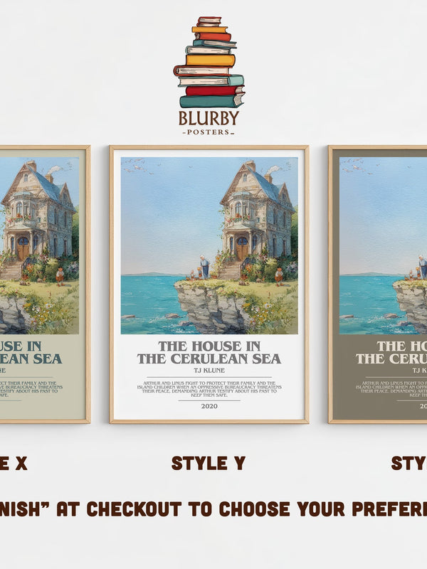 The House in the Cerulean Sea bookish print in frame leaning in hallway – satire wall art