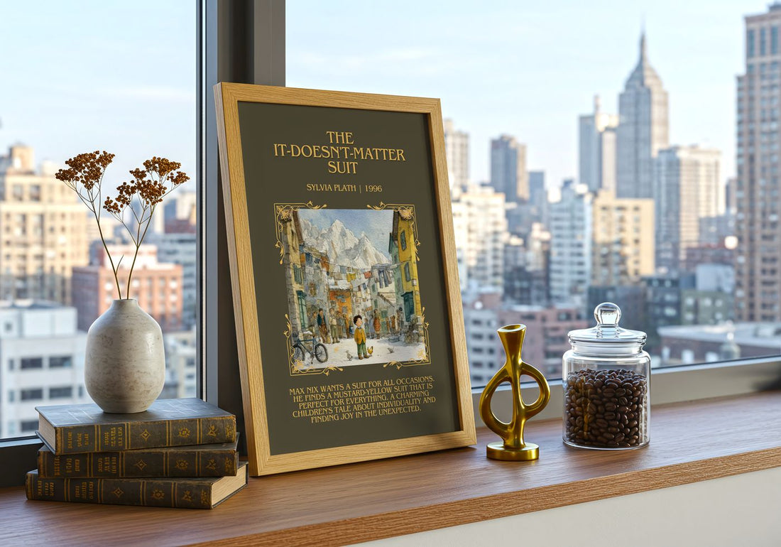 The It-Doesn'T-Matter Suit Minimalist Book Poster by Sylvia Plath – framed print on a city-view windowsill