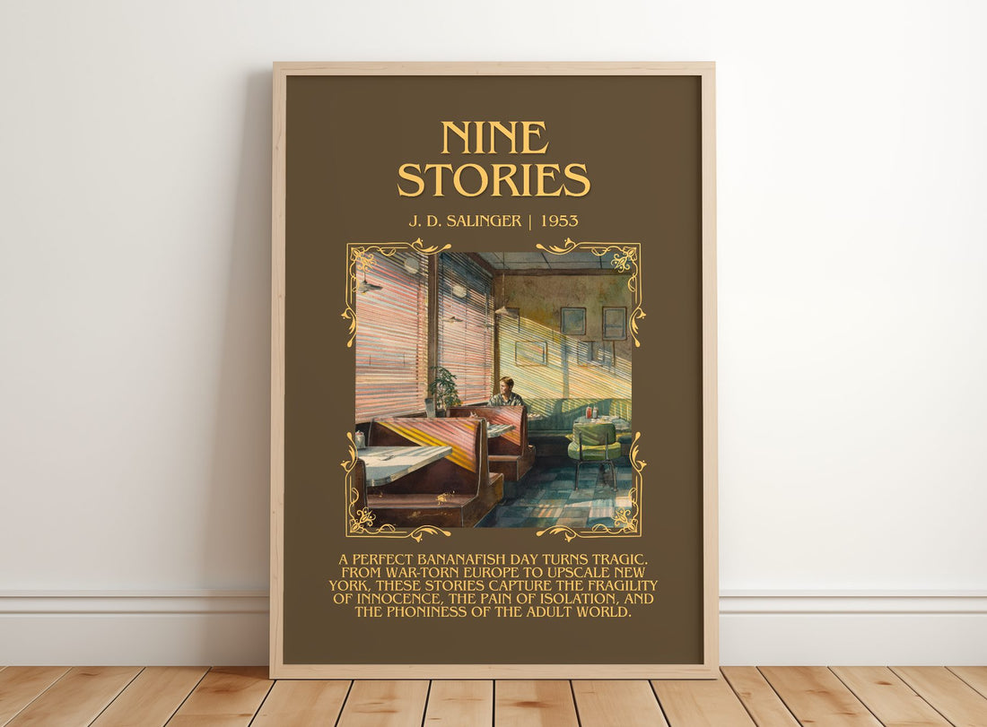 Nine Stories Minimalist Book Poster by J. D. Salinger – framed print leaning on a wooden floor