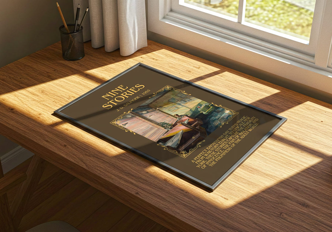 Nine Stories Minimalist Book Poster by J. D. Salinger – print on a sunlit desk